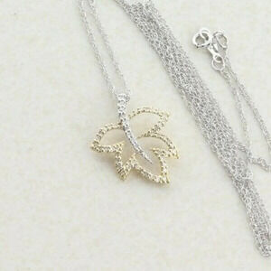 14k White Gold and Yellow Gold Diamond Necklace Leaf Necklace 18 inch chain